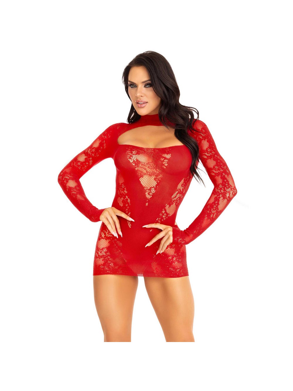 Robe dentelle 87204 manches longues gantées rouge main product photo