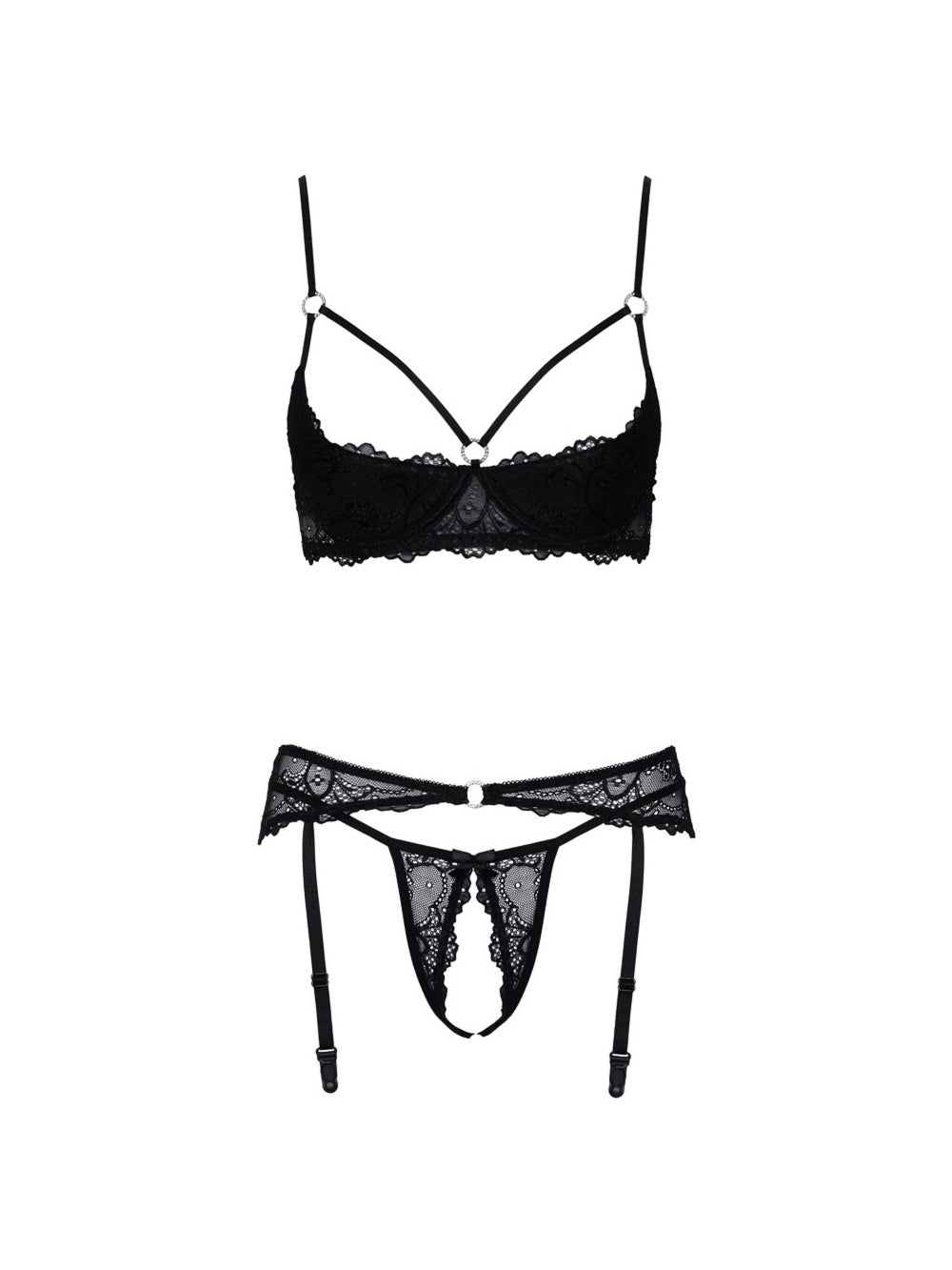 Ensemble 3 pièces ouvert dentelle & anneaux scintillants noir 3