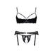 Ensemble 3 pièces ouvert dentelle & anneaux scintillants noir