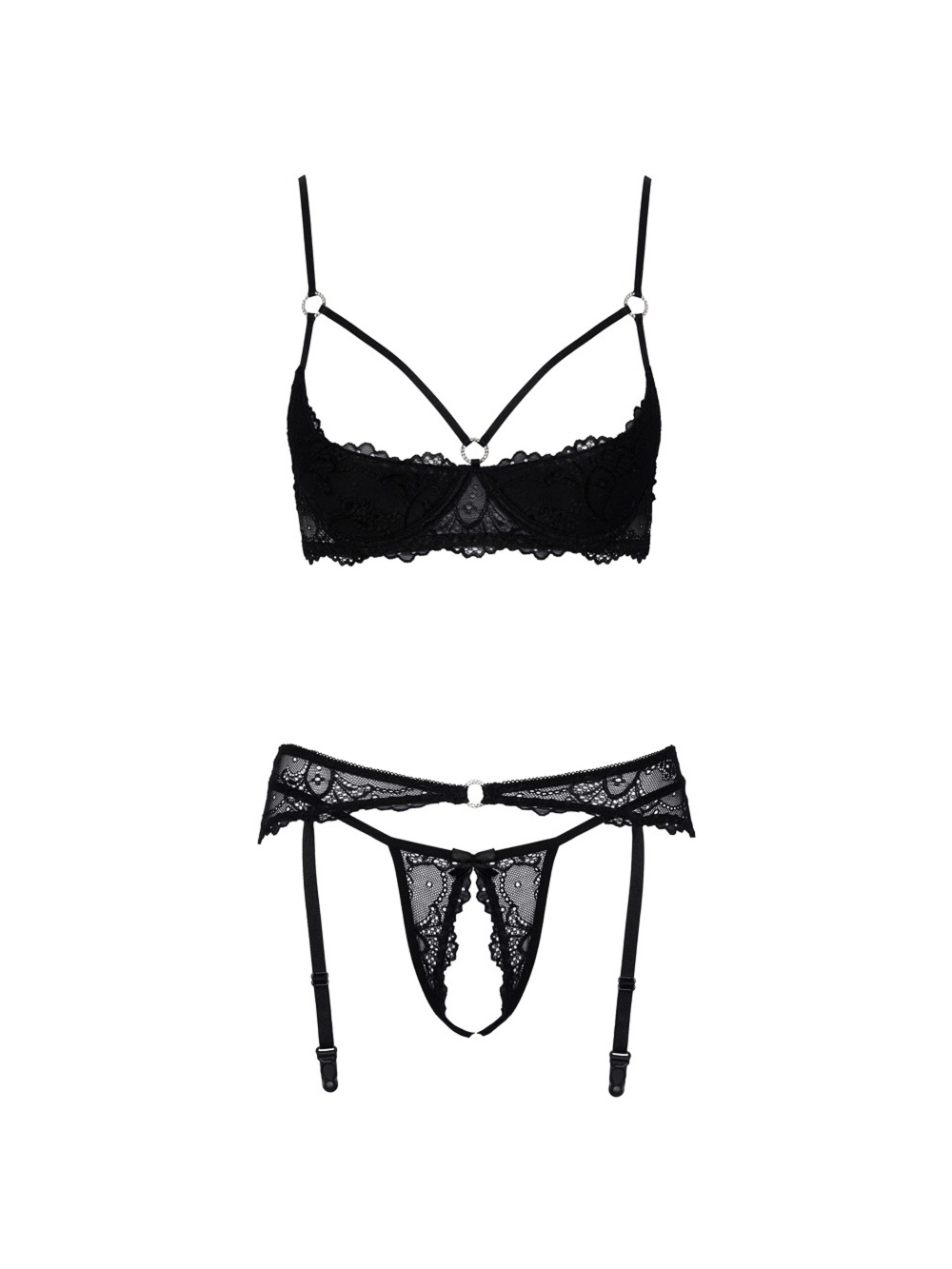 Ensemble 3 pièces ouvert dentelle & anneaux scintillants noir main product photo