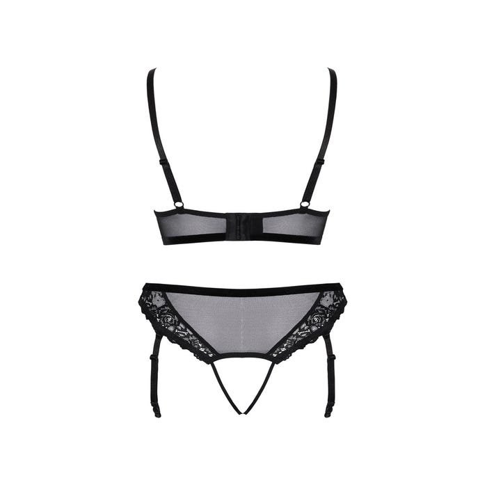 Ensemble 3 pièces ouvert dentelle & anneaux scintillants noir