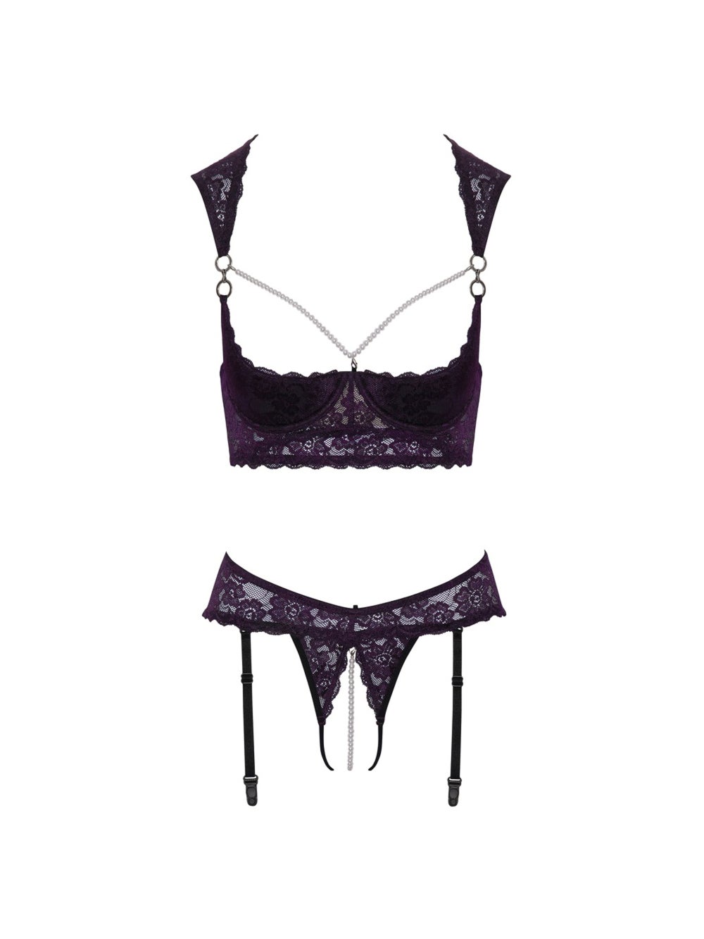 Ensemble 2 pièces ouvert motif floral violet & perles blanches 3