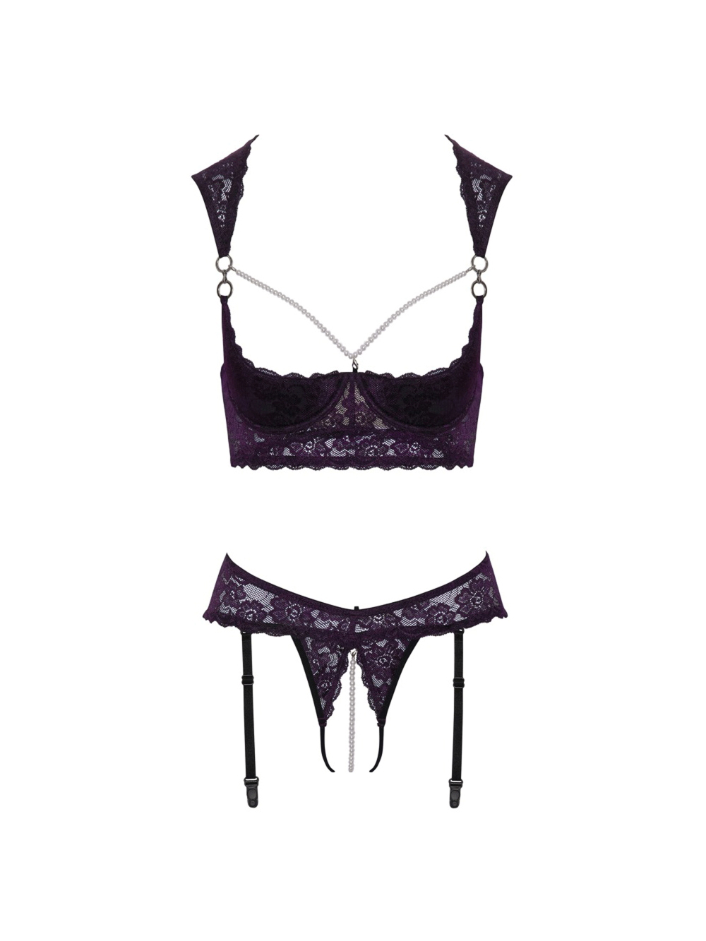 Ensemble 2 pièces ouvert motif floral violet & perles blanches