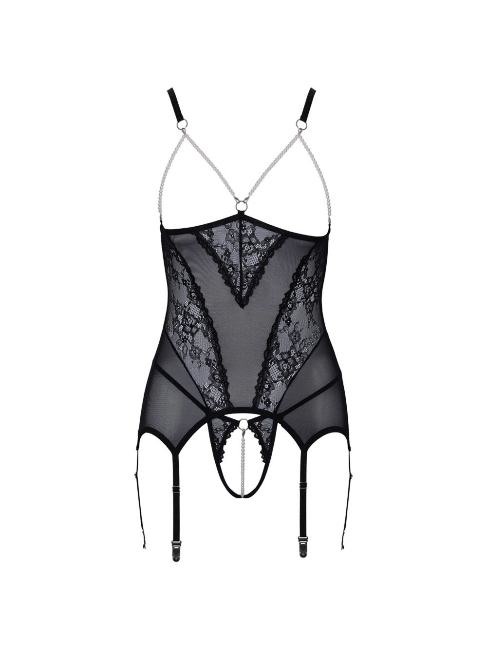 Guêpière ouverte perles & dentelle noir main product photo