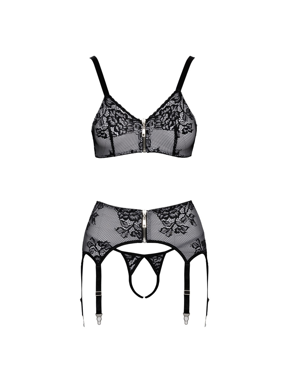 Ensemble 3 pièces ouvert zip & dentelle noir main product photo