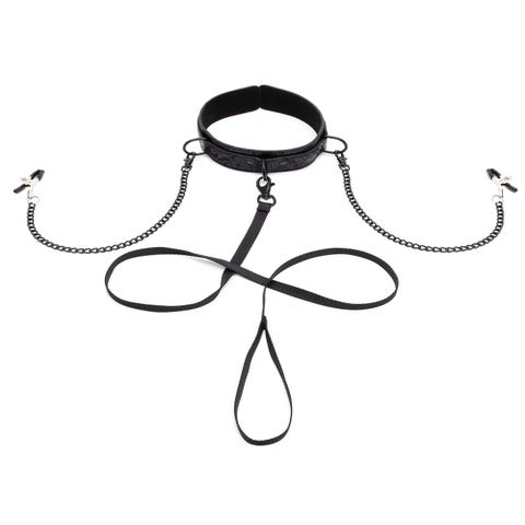 Collier avec laisse et pinces à tétons Black Rose