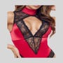 Body porte-jarretelles ouvert rouge en satin et dentelle noire