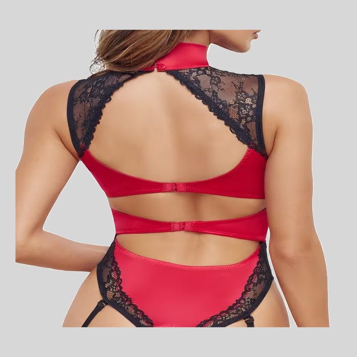 Body porte-jarretelles ouvert rouge en satin et dentelle noire