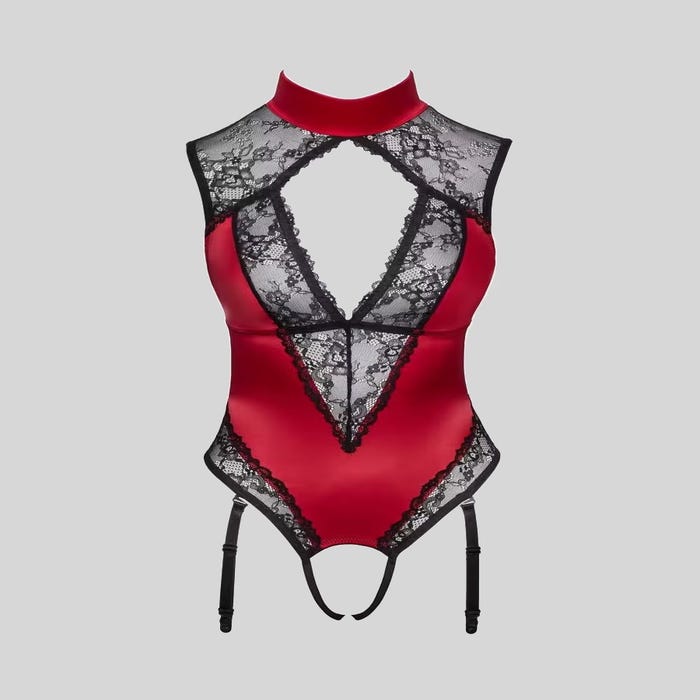 Body porte-jarretelles ouvert rouge en satin et dentelle noire