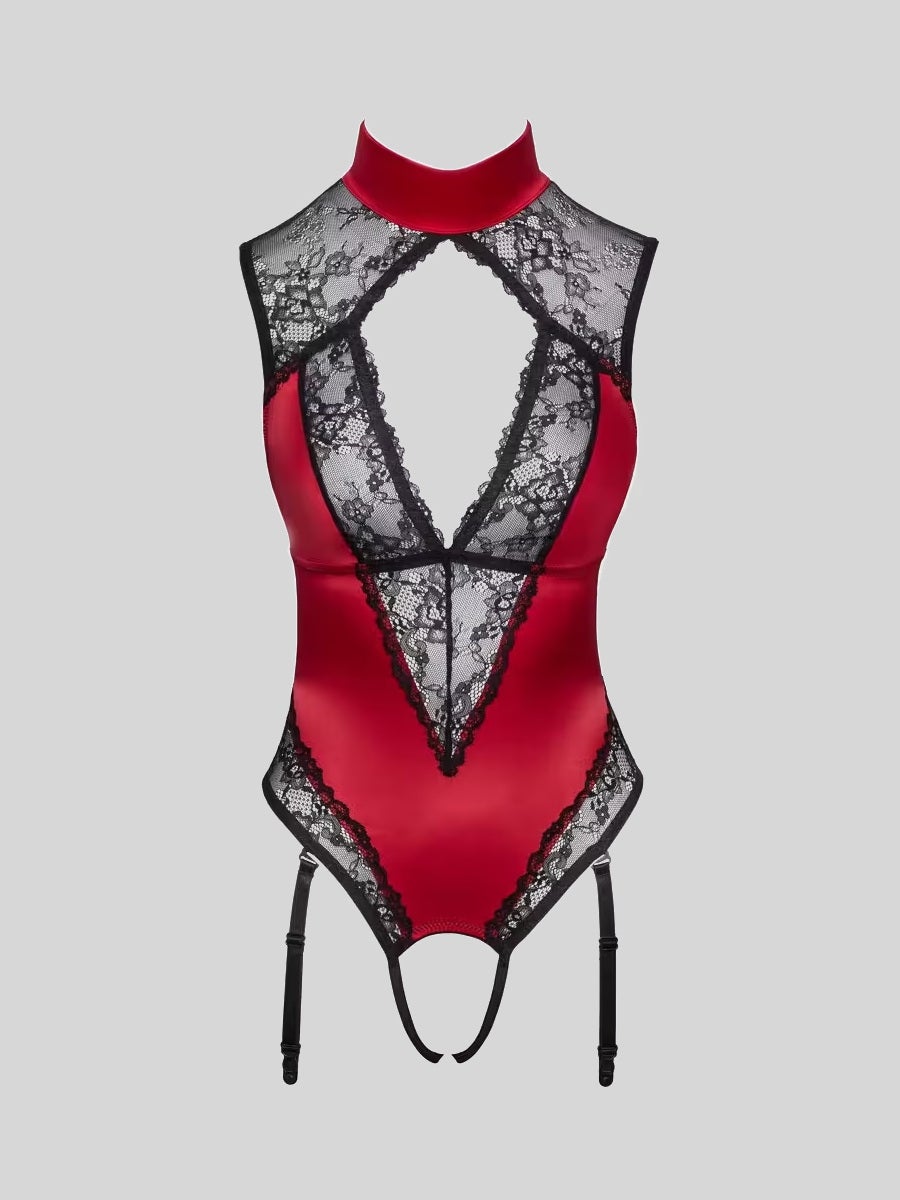 Body porte-jarretelles ouvert rouge en satin et dentelle noire-L