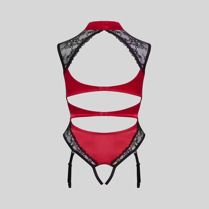 Body porte-jarretelles ouvert rouge en satin et dentelle noire