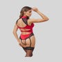 Body porte-jarretelles ouvert rouge en satin et dentelle noire