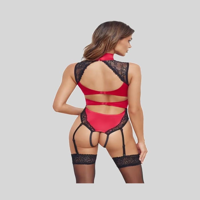 Body porte-jarretelles ouvert rouge en satin et dentelle noire