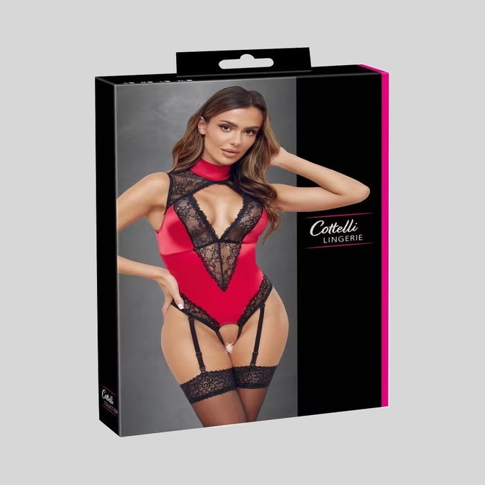 Body porte-jarretelles ouvert rouge en satin et dentelle noire