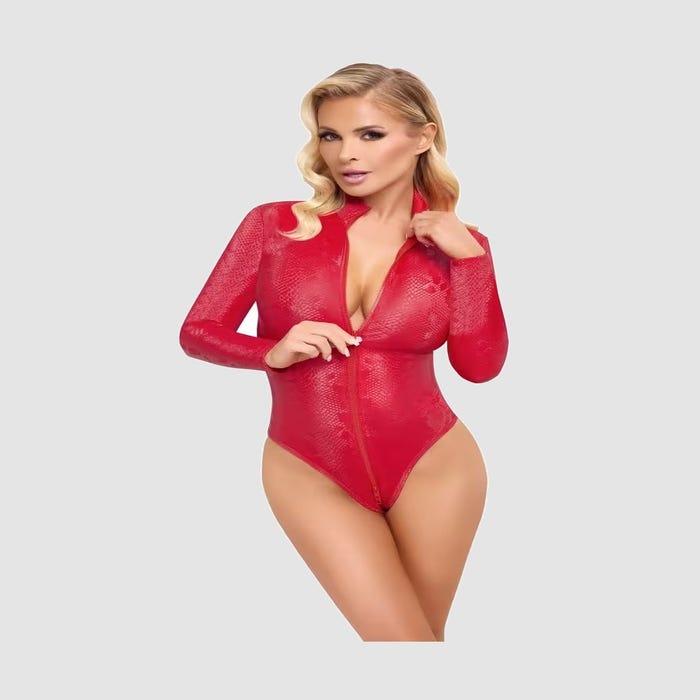 Body rouge effet peau de serpent à zip intégral
