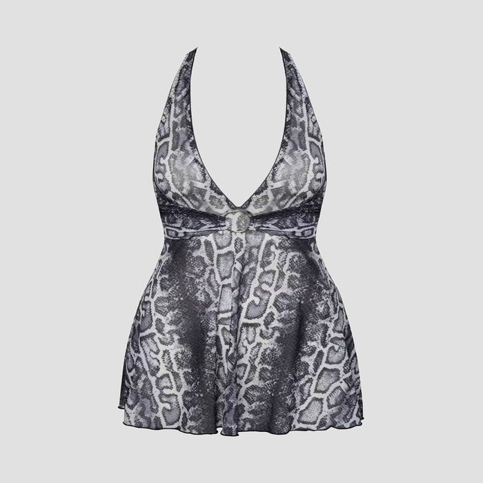 Mini-robe transparente grise à imprimé serpent et dos nu