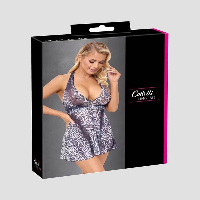 Mini-robe transparente grise à imprimé serpent et dos nu