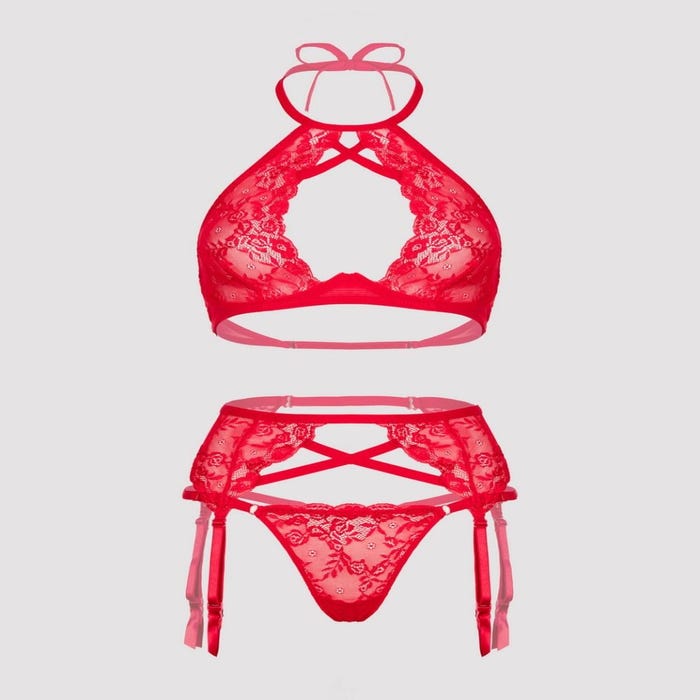 Ensemble 3 pièces tour de cou dentelle rouge