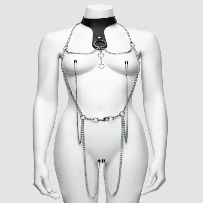 Collier en cuir avec pinces à tétons et vulve Deluxe