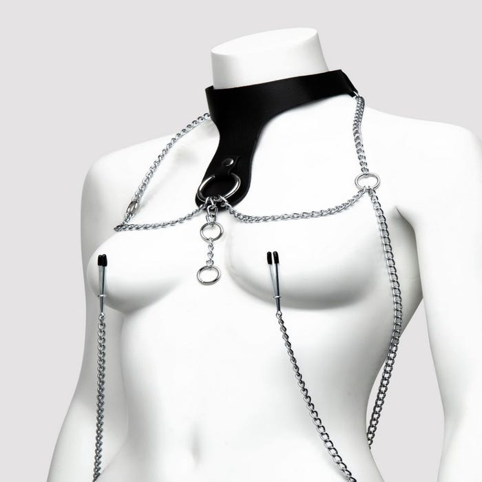 Collier en cuir avec pinces à tétons et vulve Deluxe