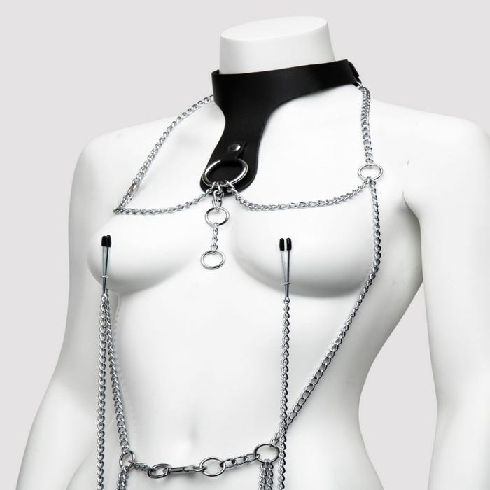 Collier en cuir avec pinces à tétons et vulve Deluxe
