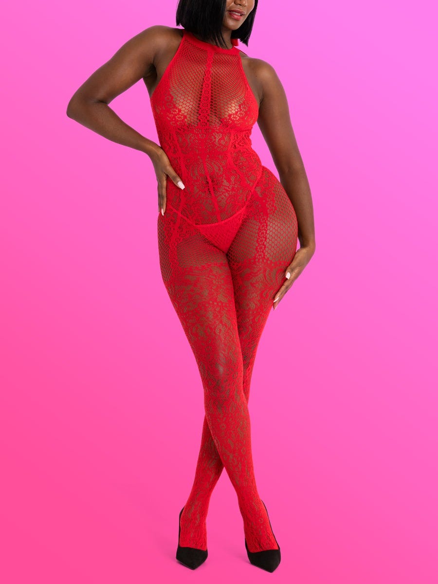 Combinaison ouverte à noeud résille rouge