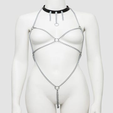 Harnais de corps en chaines avec collier cuir Deluxe