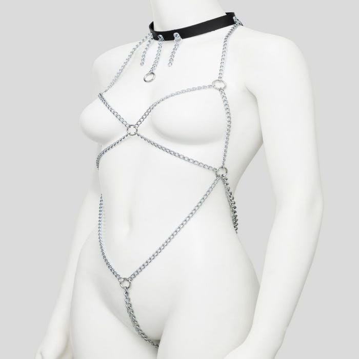Harnais de corps en chaines avec collier cuir Deluxe