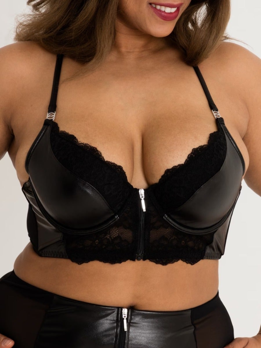 Soutien-gorge bustier grande taille effet cuir noir et dentelle à zip Fierce 3