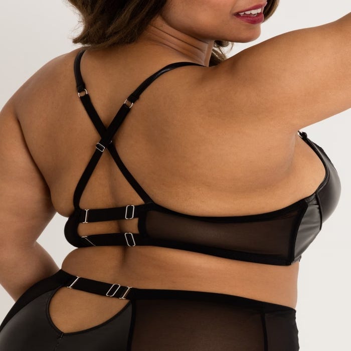 Soutien-gorge bustier grande taille effet cuir noir et dentelle à zip Fierce