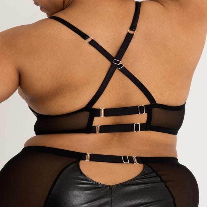Soutien-gorge bustier grande taille effet cuir noir et dentelle à zip Fierce