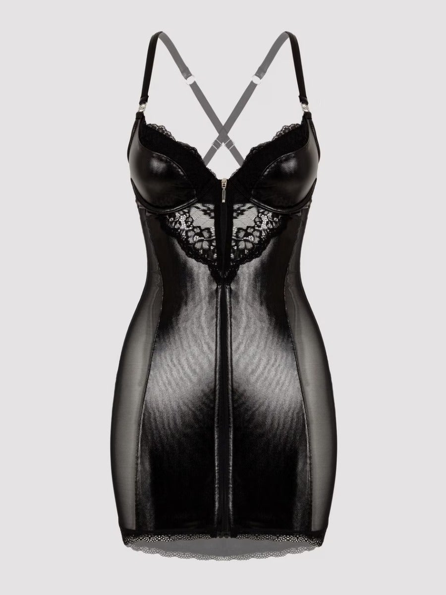 Mini-robe moulante effet cuir noir et dentelle à zip Fierce 3