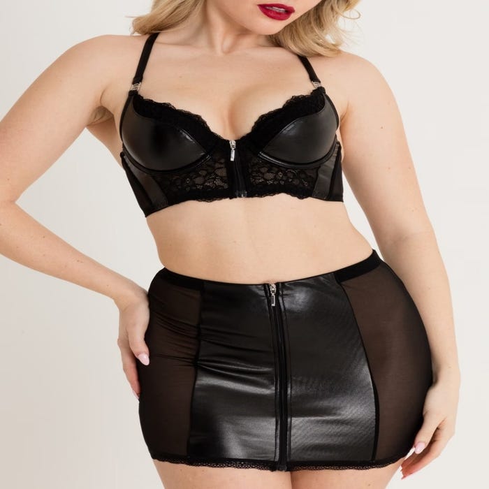 Mini-jupe taille haute effet cuir noir et dentelle à zip Fierce (Medium)