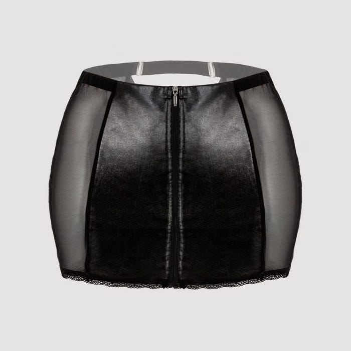 Mini-jupe taille haute effet cuir noir et dentelle à zip Fierce (Medium)