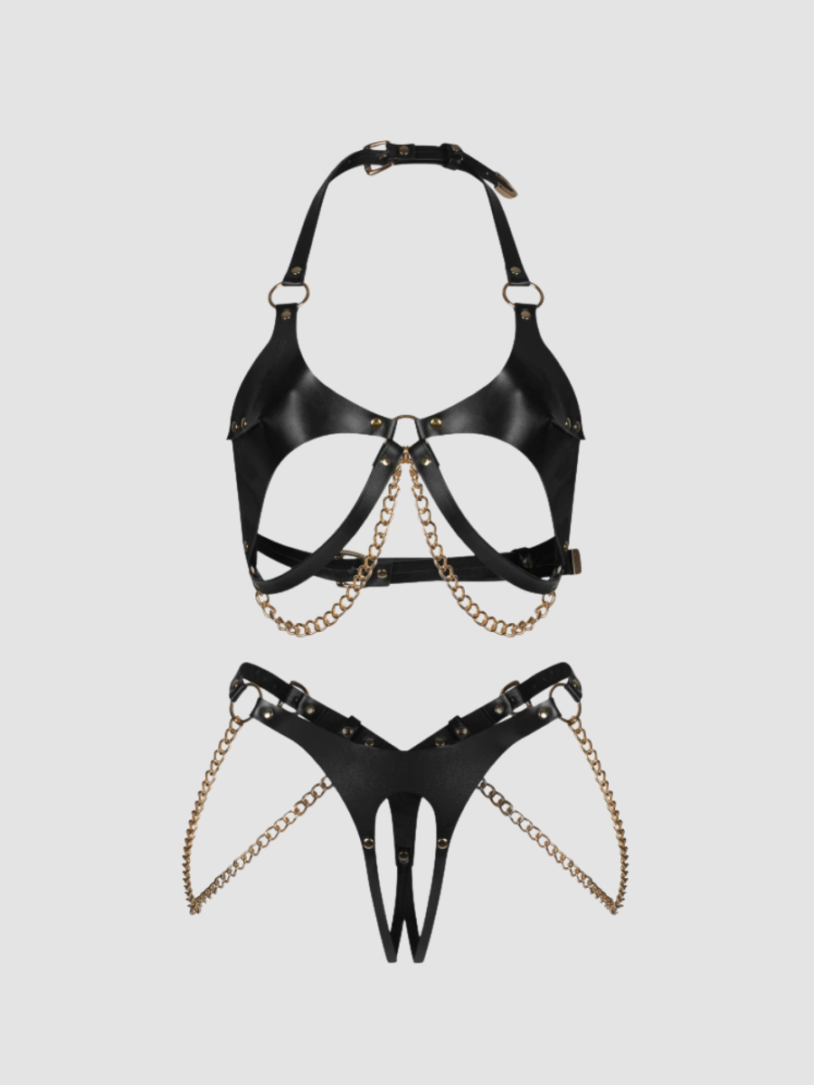 Ensemble lingerie ouvert 2 pièces noir effet cuir et chaînes dorées Anyya