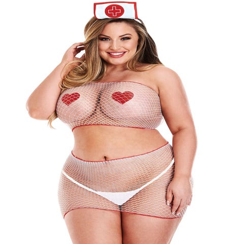 Costume Infirmière Résille 5 Pièces Blanc & Rouge GT