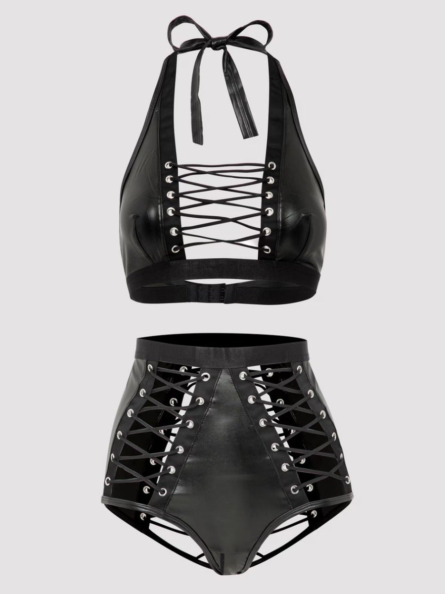 Ensemble soutien-gorge et culotte ouverte effet cuir noir Fierce GT 2