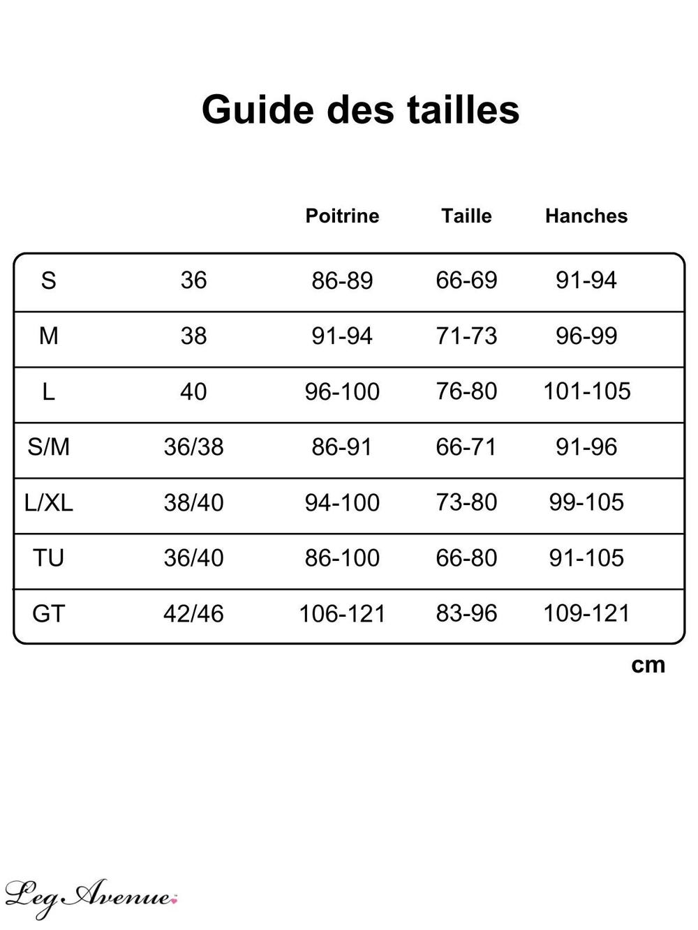 Guide des tailles Leg Avenue