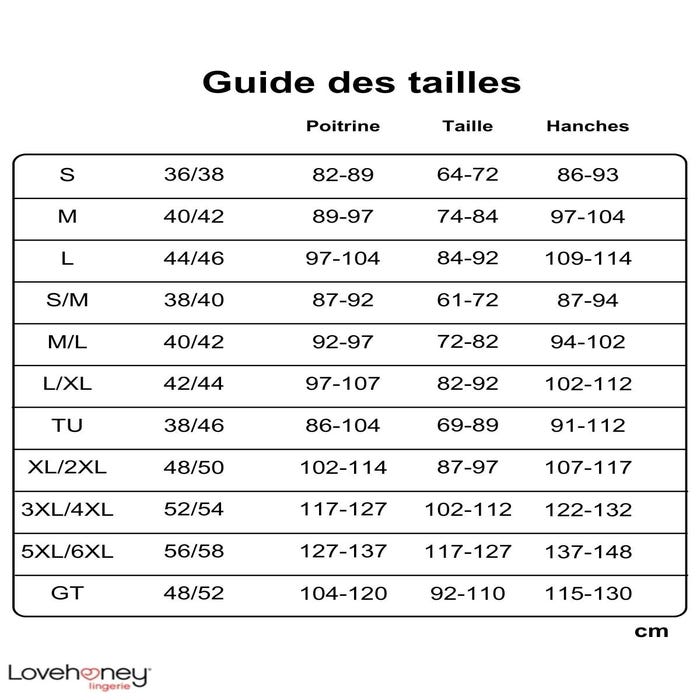 Guide des tailles Lovehoney Lingerie