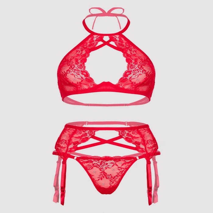 Ensemble lingerie grande taille rouge en dentelle avec porte-jarretelles GT - 3 pièces
