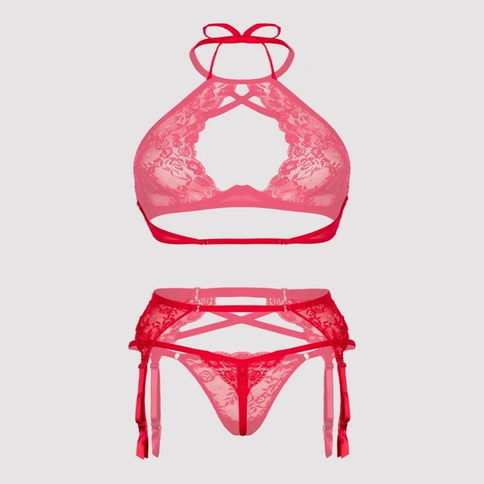 Ensemble lingerie grande taille rouge en dentelle avec porte-jarretelles GT - 3 pièces