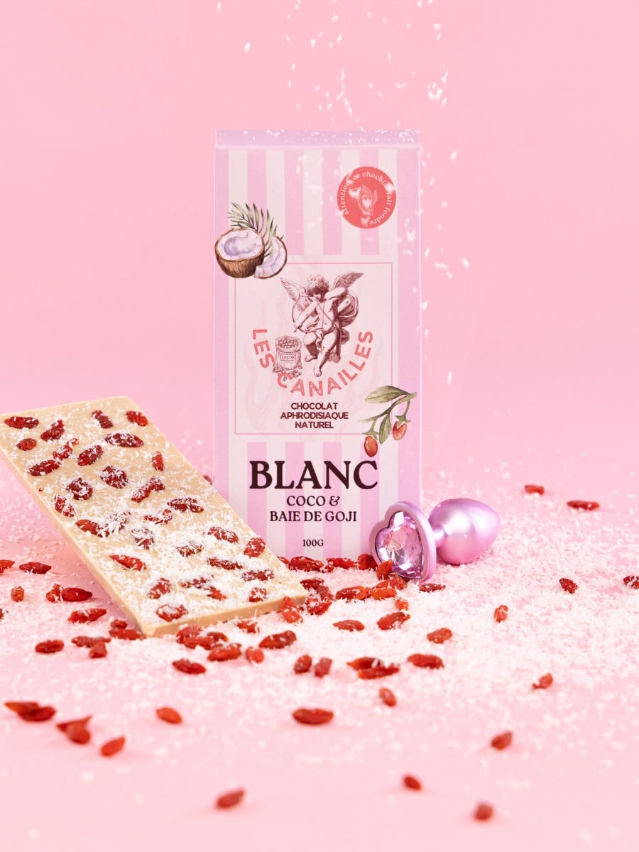 Tablette chocolat aphrodisiaque blanc, coco et goji 100 g