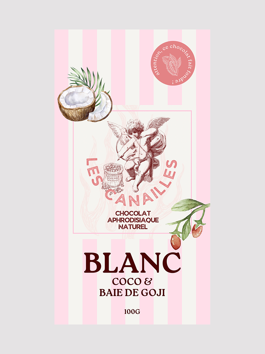 Tablette chocolat aphrodisiaque blanc, coco et goji 100 g